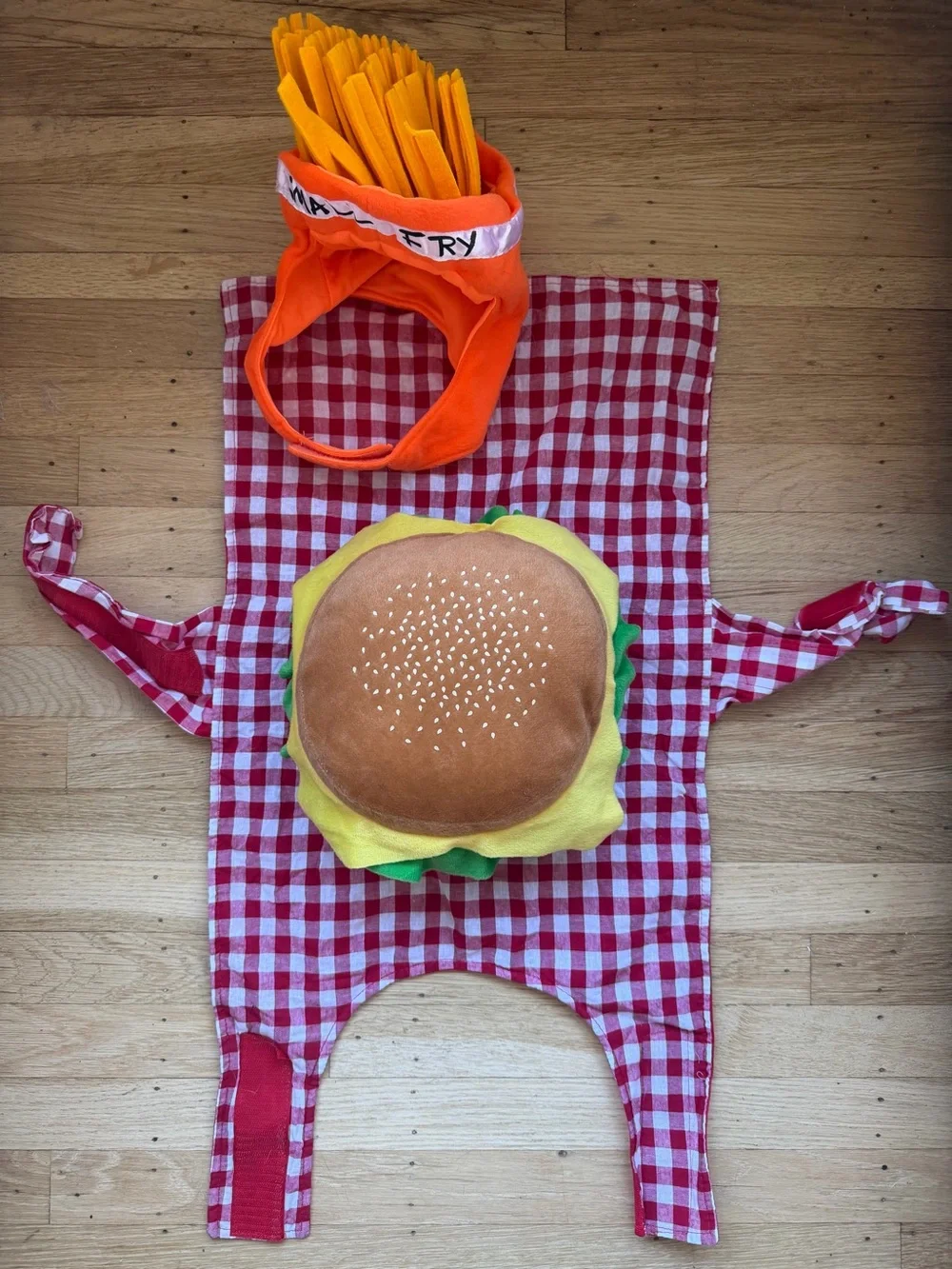 Dog Burger & Fries Halloween Costume Set - Red Gingham Apron with Orange Fry Hat